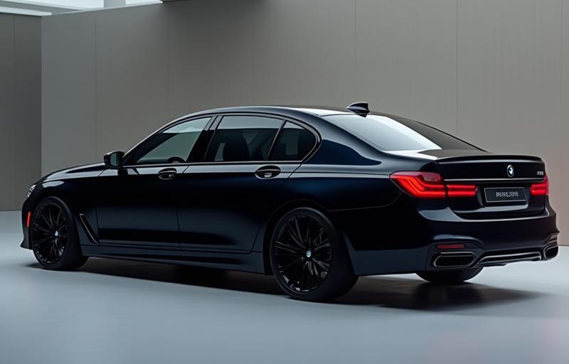 A black BMW 7 Series sedan viewed from the side.