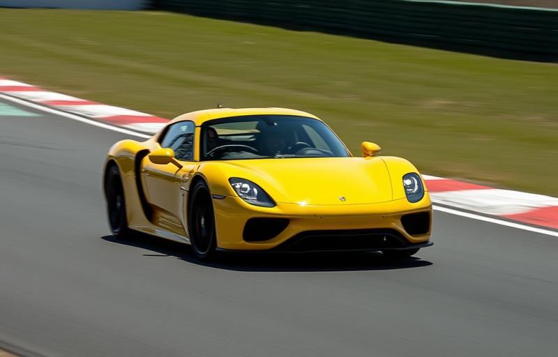 A iconic yellow Porsche 911 on a race track.