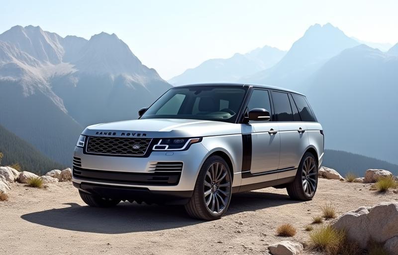 A luxurious silver Range Rover parked with mountains in the background.