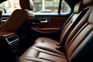 Luxurious car interior view with plush seating and amenities.