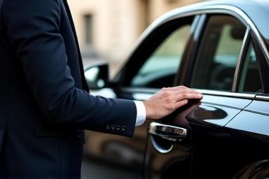 Professional chauffeur opening a car door for a passenger.
